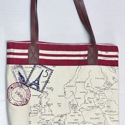 World Map Canvas Tote Large Made In India Red Interior With Pocket Brown Strap