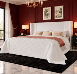 King Size Velvet Upholstered Bed Frame, Wingback Headboard, White.