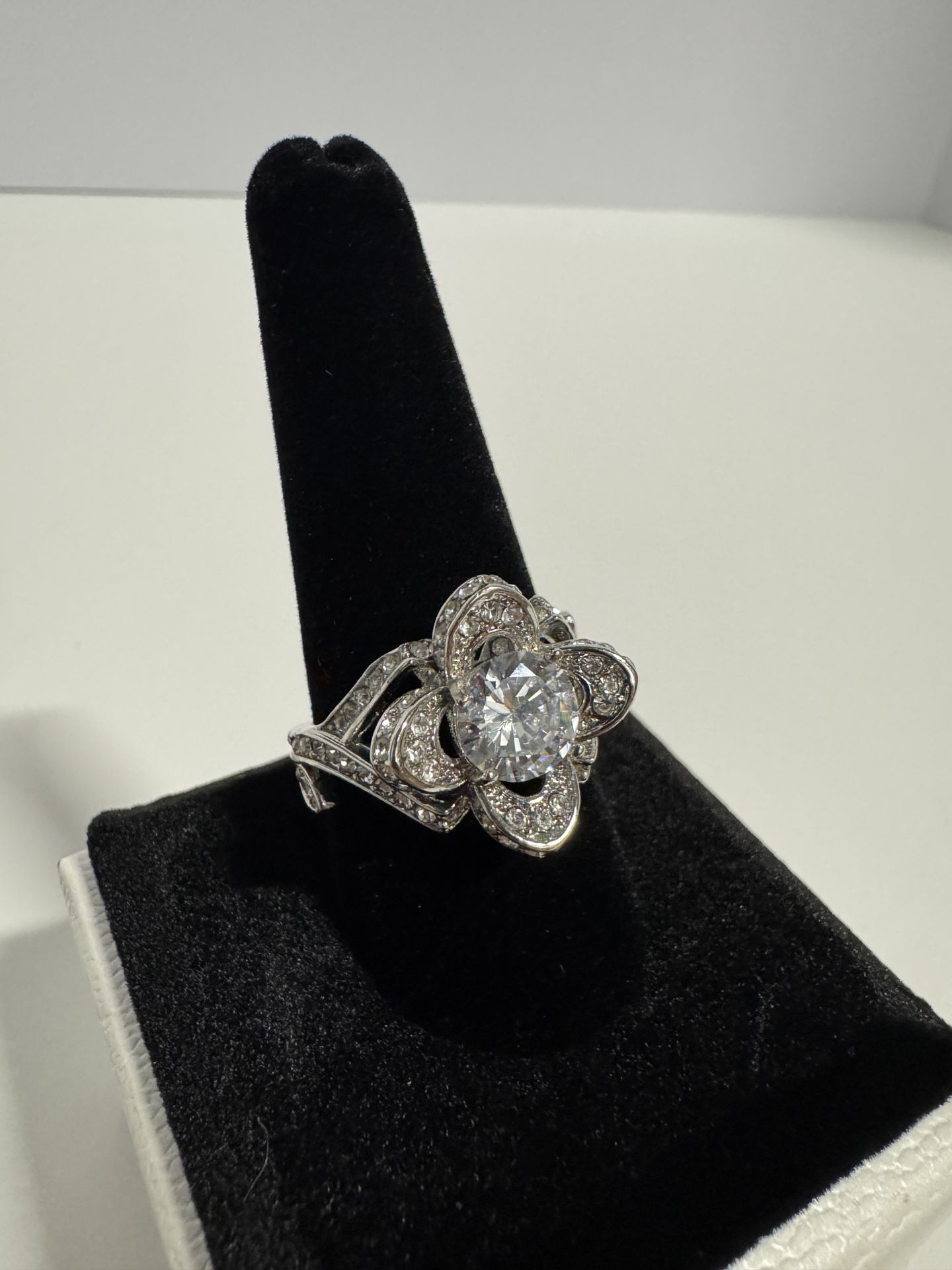 Sterling Silver Cluster Simulated Diamond Ring – Rhodium Finish – Sizes J To U – UK Made