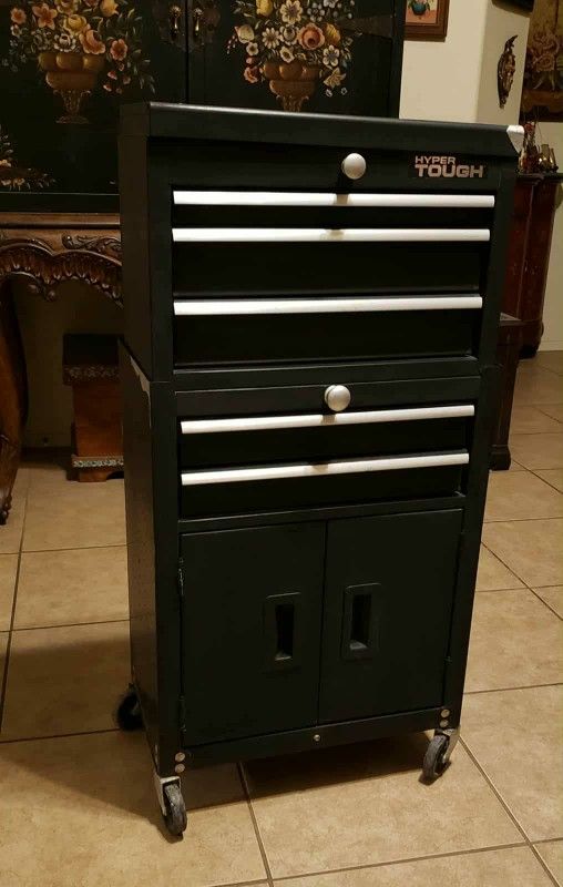 VINTAGE HYPER TOUGH BLACK CHROME SILVER STEEL METAL TOOL BOX STORAGE ORGANIZER CART COMBO SET