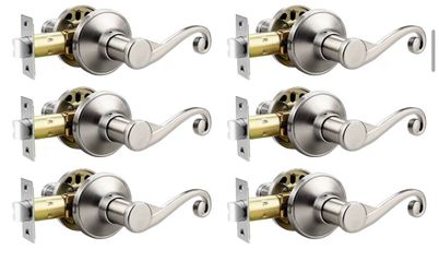 6-pack Passage Door Handle - Non-Locking Interior Lever for Hallway & Closet Doors, Modern Curlicue Scroll Design, Right Handed, Satin Nickel
