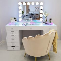 Vanity Desk & Hollywood Mirror ( 13drawers & Bluetooth(