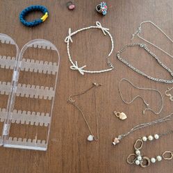 random jewelry chains pendants rings and acrylic necklace/bracelet/accessory stand holder - all for $5