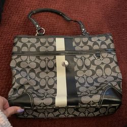 Coach Signature Heritage Stripe Handbag Purse Tote F14477 Black/white