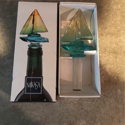 Mikassa Lead Crystal Sailboat Bottle Wine Stopper Regatta Nautical Aqua