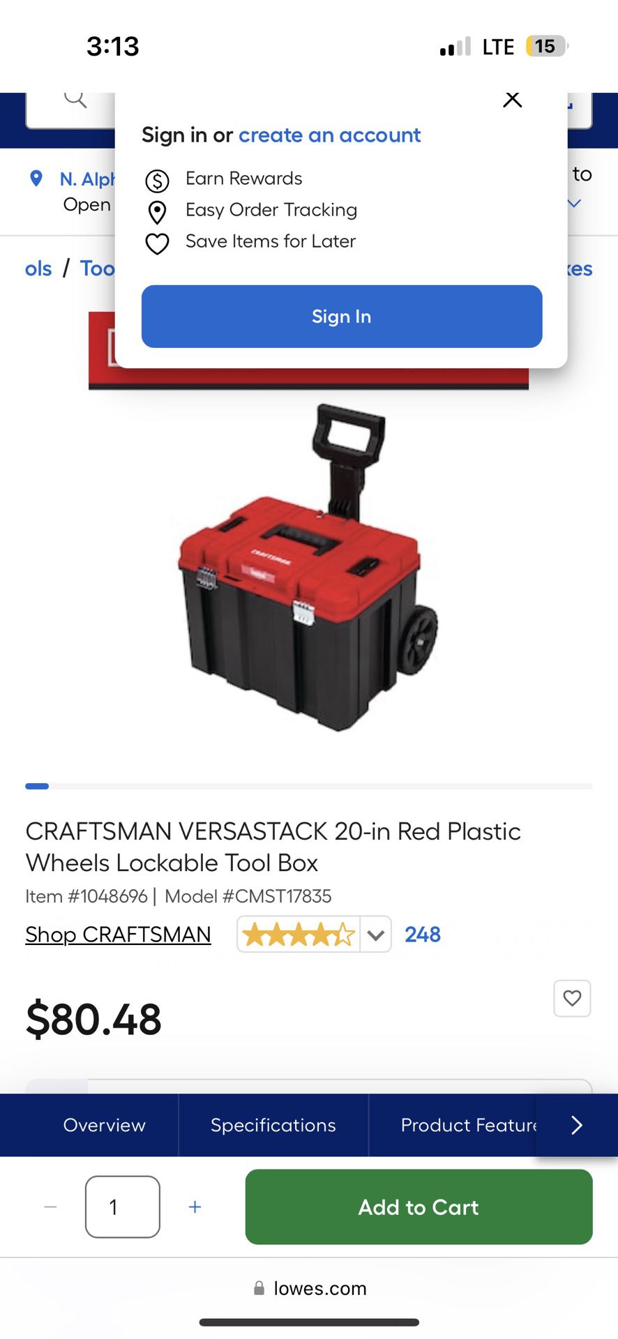CRAFTSMAN VERSASTACK 20-in Red Plastic Wheels Lockable Tool Box