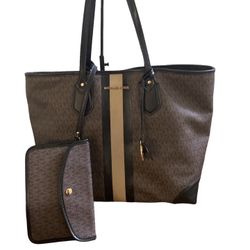 Michael Kors Eva Large Logo Stripe Tote Bag Plus Pouch Black Camel