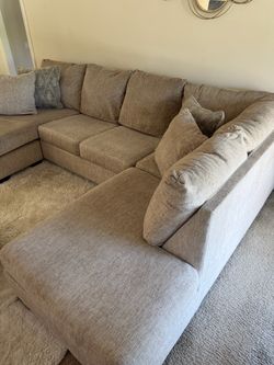 Large Beige Fabric Sectional Sofa with Chaise