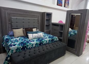 Gray Bedroom Set with Bed and Mirror