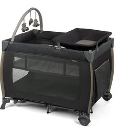 Monbebe Play Yard – Full-Size Rocking Bassinet, Removable Changer & Toy Bar – Castle Point