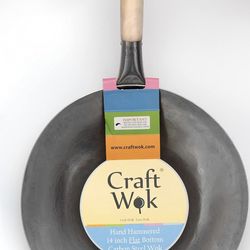 14-inch Craft Wok Flat Hand Hammered Carbon Steel with Wooden and Steel Sole