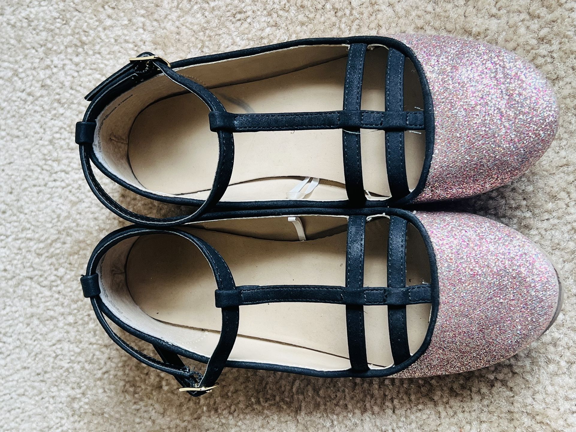 3 youth girl pink black glitter flats shoes dressy EUC