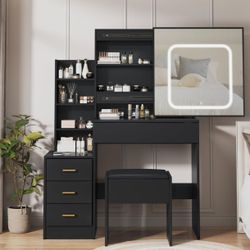 Vanity Makeup Dressing Table Set w/Stool 4 Drawer, Sliding Lighted Mirror,Outlet
