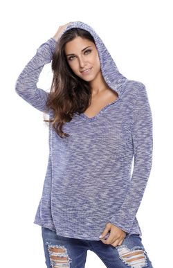 Women's Hood V-Neck Long Sleeve Knit Top Blue S Small New NWT