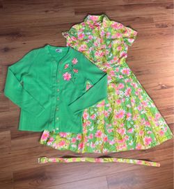 Vintage 1960s David Crystal Floral Dress Cardigan Belt Set - Size S/M