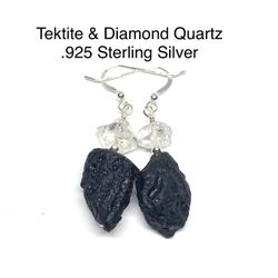 Tektite & Diamond Quartz(Herkimer Like) .925 Sterling Silver Earrings