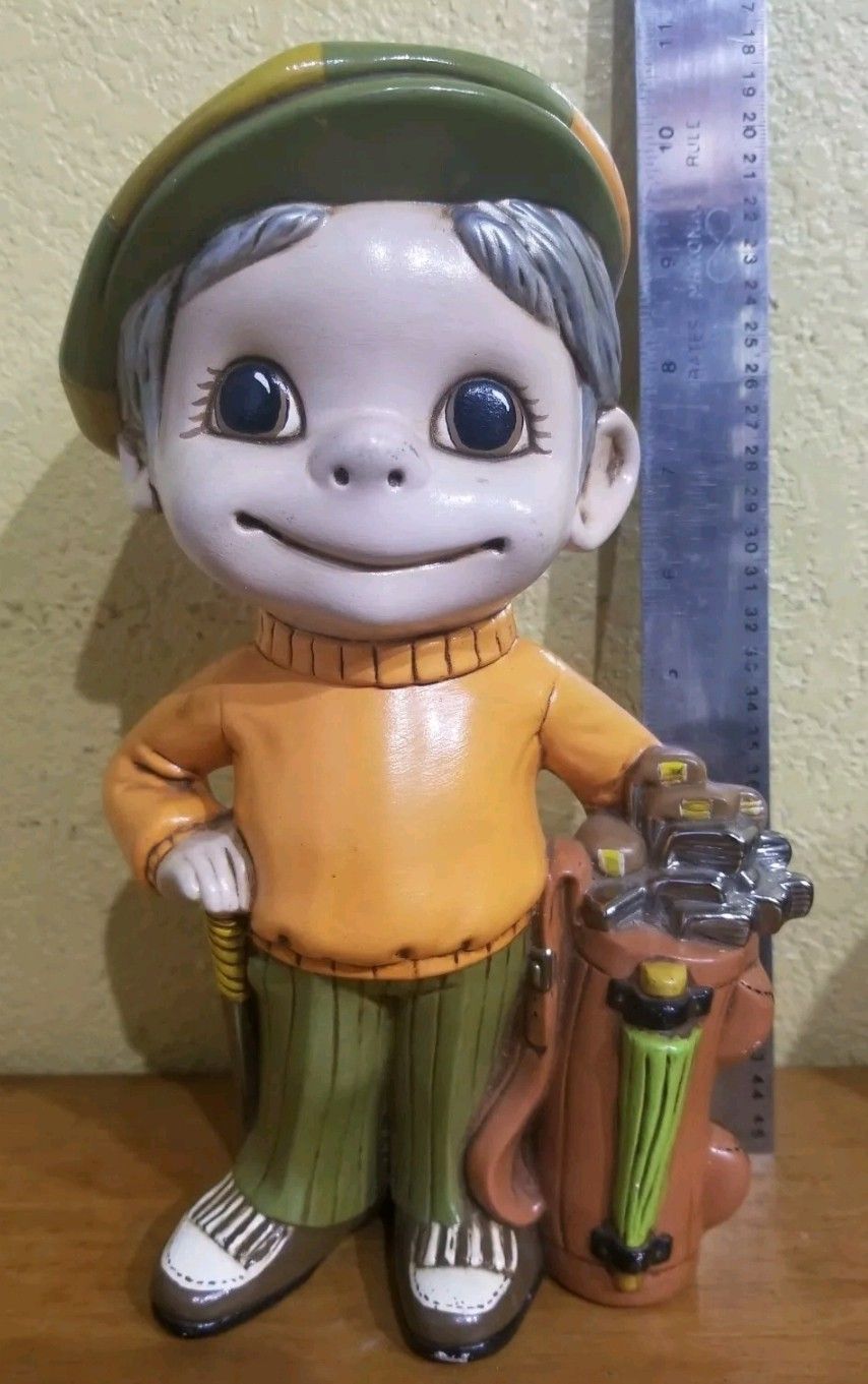 Rare 10" Tall Vintage August 1971 Porcelain Boy/Man Golfer with Caddy Figurine