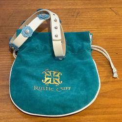 Rustic Cuff White Leather Wrap Cuff Bracelet with Blue Flower and Silver Colored Accents plus Velvet Bag
