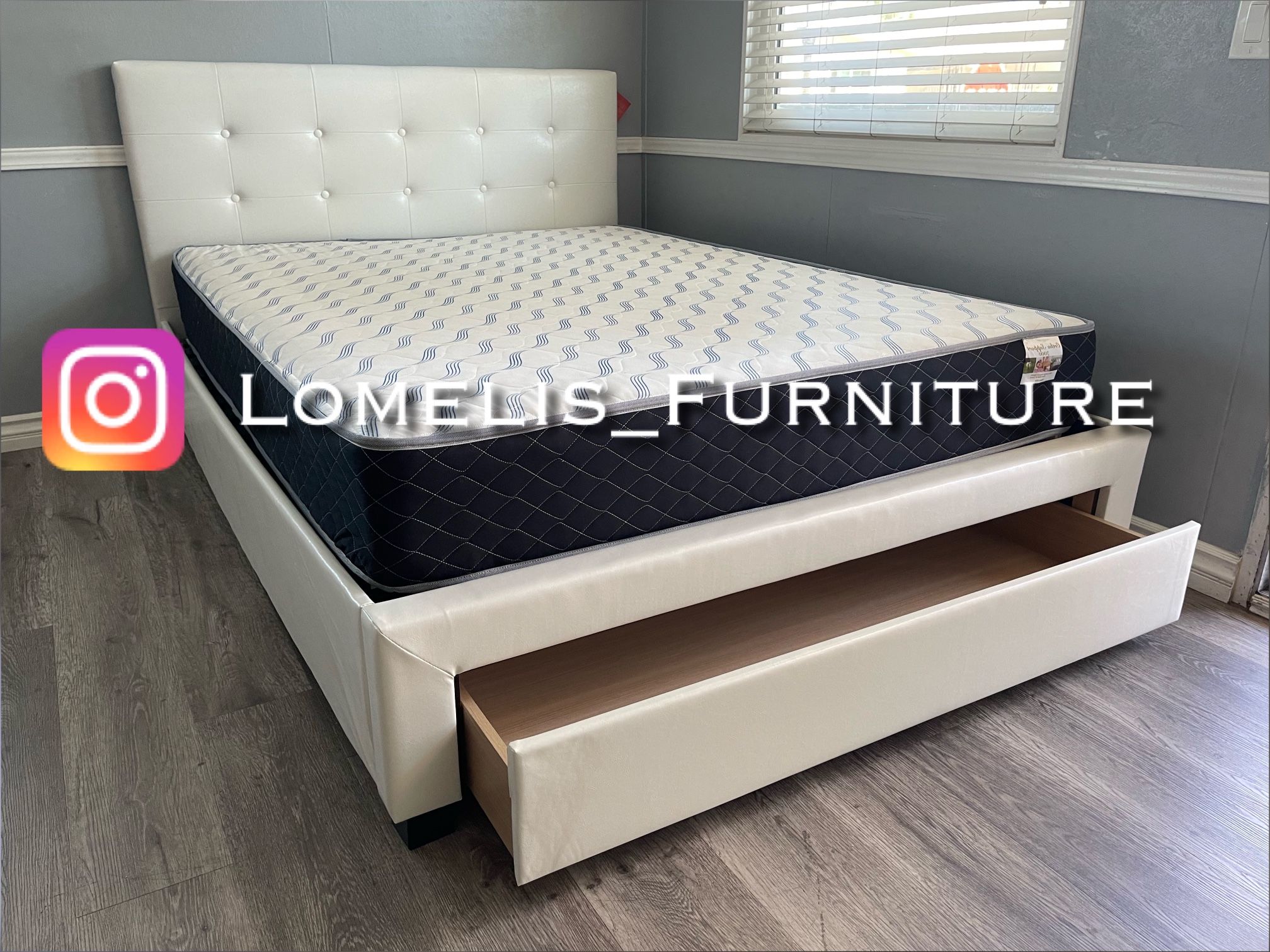 Queen White Tufted Platform Bed w. Drawer & Orthopedic Mattress Included
