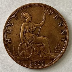 1891 Great Britain Half Penny AU Silver Coin.  