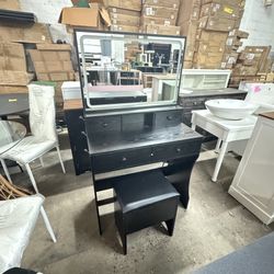 LIKIMIO Vanity Desk with LED Lighted Mirror & Power Outlet & 4 Drawers, Dressing Makeup Table Set with Storage Stool and Hair Dryer Stand, Black
