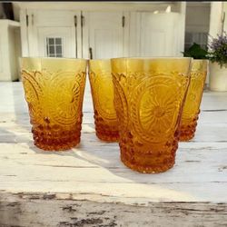 Vintage Amber Pressed Glass Tumblers Set of 4 Made in Portugal Hobnail 