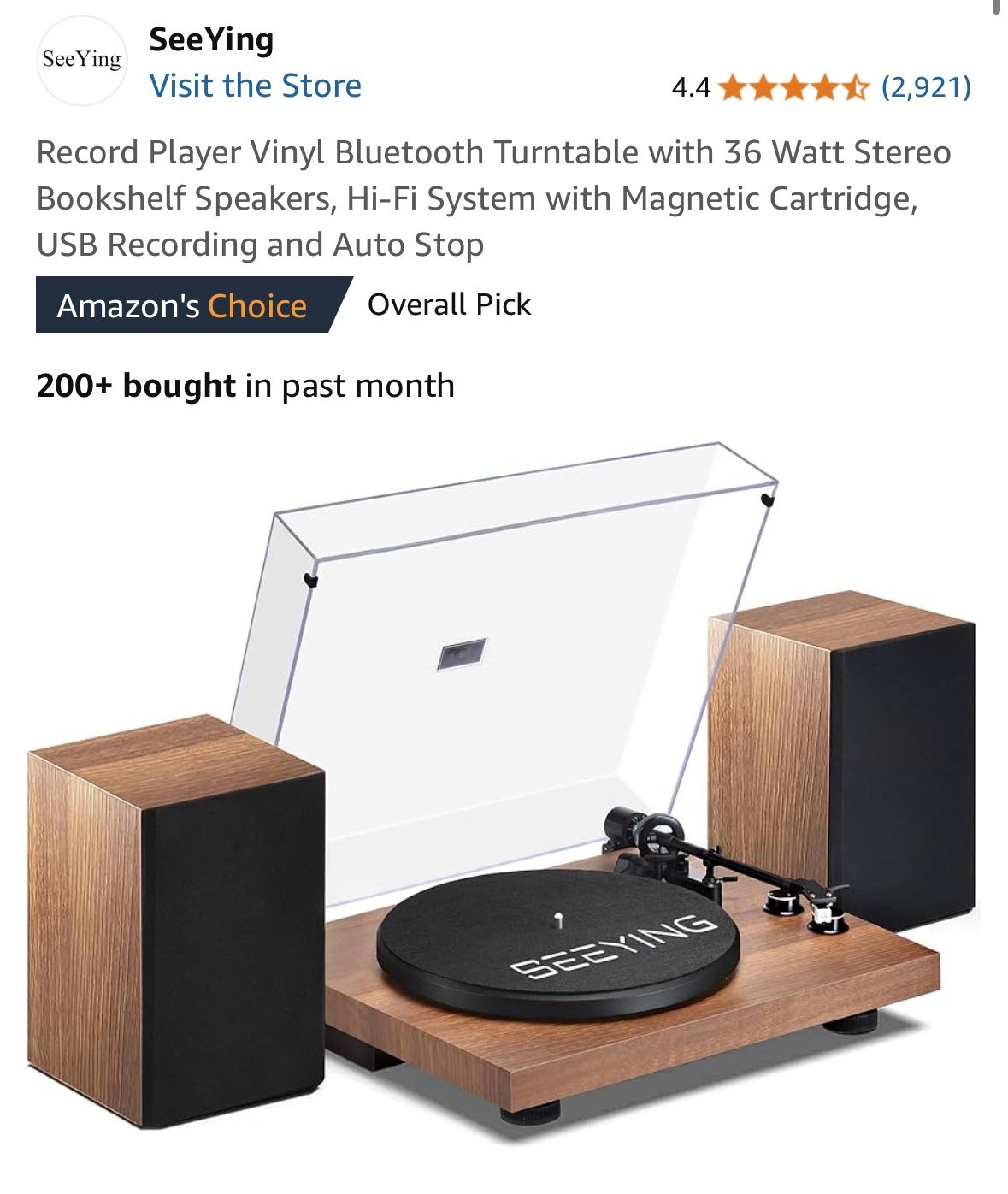 Record Player Vinyl Bluetooth Turntable with 36 Watt Stereo Bookshelf Speakers, Hi-Fi System with Magnetic Cartridge, USB Recording and Auto Stop