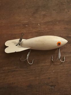 Vintage White Wooden Fishing Lure with Treble Hooks