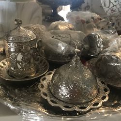 Brand new silver coffee or tea set with Sugar bowl and plate