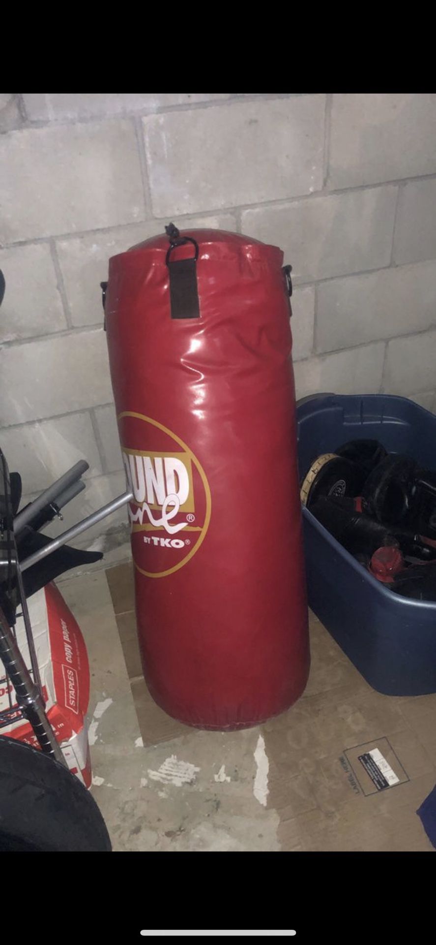 Punching bag and gloves.