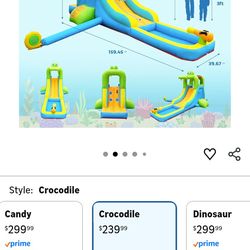NEW-Inflatable Water Slide - Crocodile Theme Bounce House Water Park with Blower, Climbing Wall, Splash Pool, Water Cannon, Blow up Toddler Waterslide