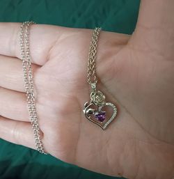 Silver Heart & Rose Pendant Necklace Purple Stone (Sterling Silver 925)