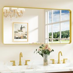 Keonjinn Gold Bathroom Mirrors For Over Sink 48” X 24” Large Brushed Brass Metal Framed Wall Mirror, Rounded Rectangle Bathroom Vanity Mirror, HD Temp