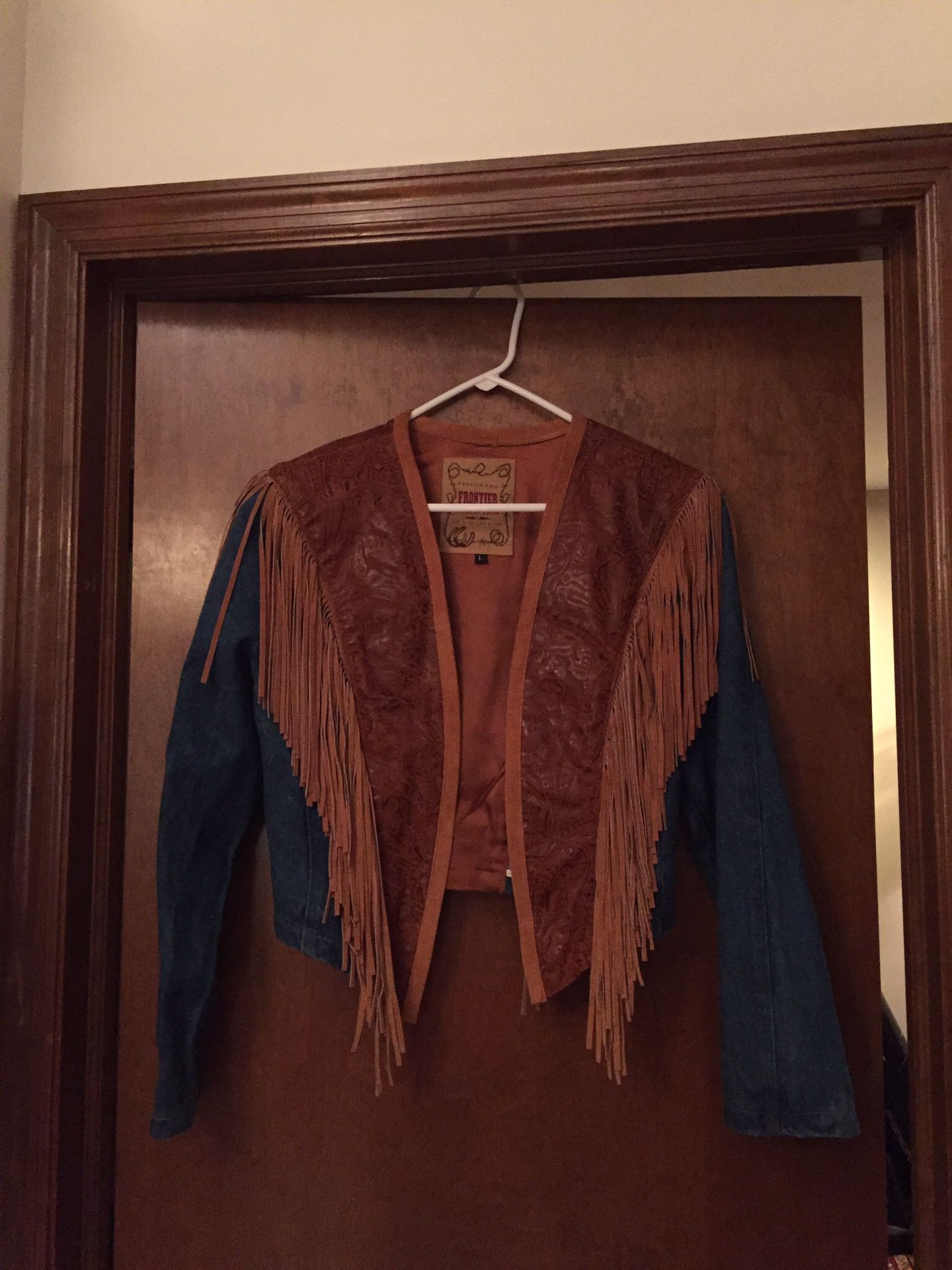 Denim, leather, fringe jacket