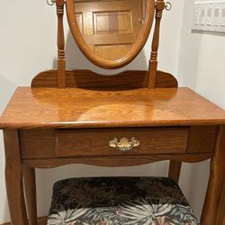 Vanity, Oak Wood With Oval Mirror And Stool Included! Only $65!