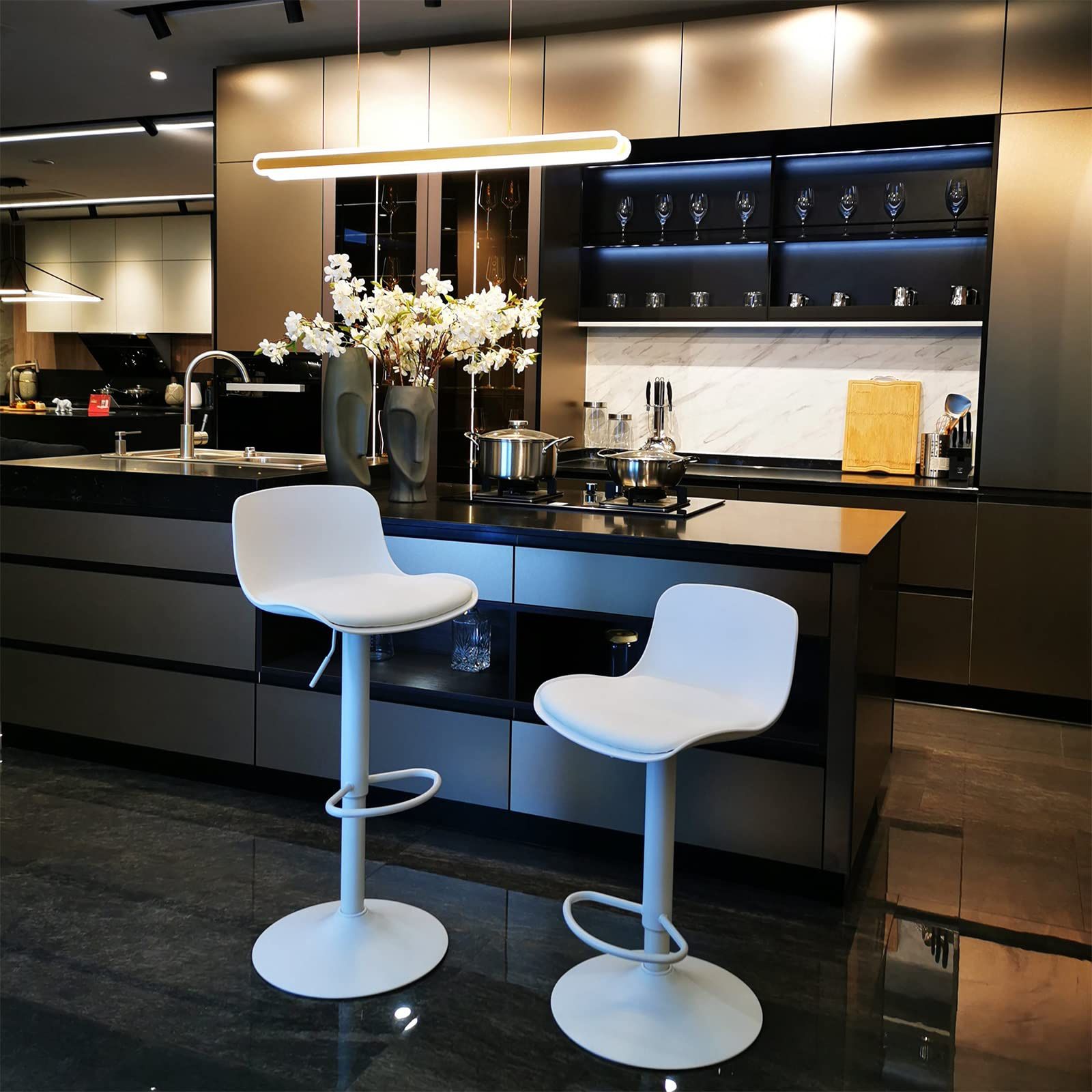 Kidol & Shellder Bar Stools Set of 2 White,Barstools for Kitchen Islands , Adjustable Counter Height Bar Chairs, PU Covered Seat, 360° Swivel