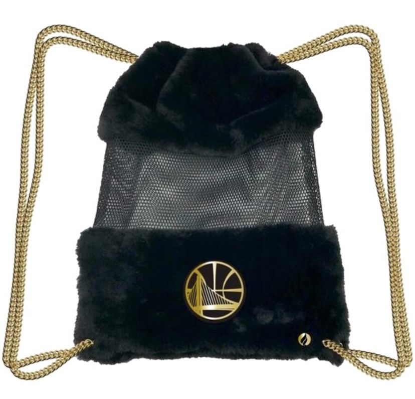 NWT [NBA] FISLL Golden State Warriors Black Faux Fur Sheer Mesh Drawstring Backpack