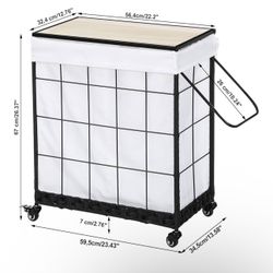 Rolling Laundry Hamper with Removable Liner Bag, Heavy Duty Wheels, Wood Lid and Metal Handle