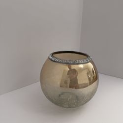 Gold Crackle Glass Bowl Vase with Rhinestone Trim