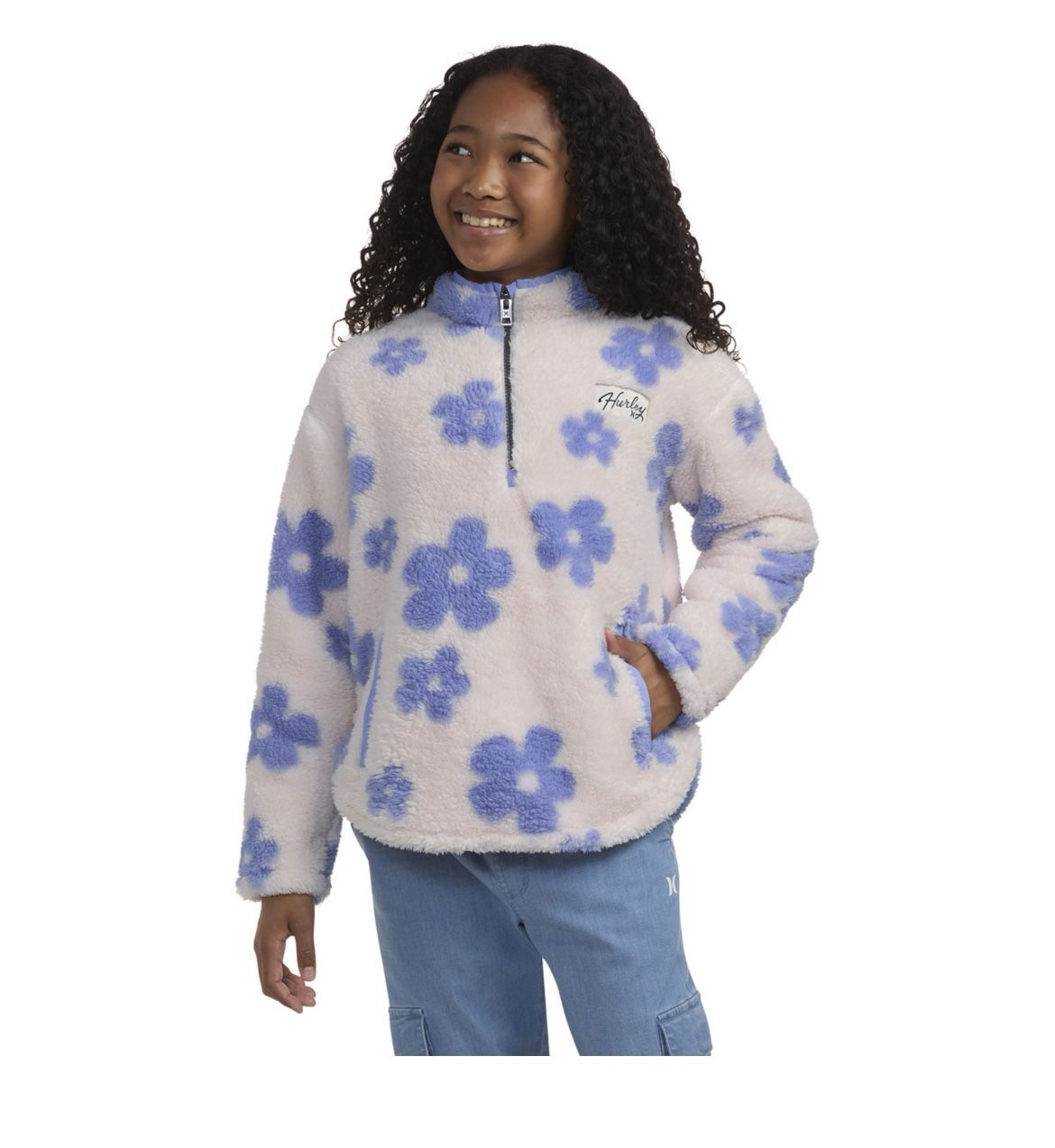 Hurley girls Sherpa printed Echo Pink. Quarter Zip Jacket Orig $48 in size 6/6x and 14/16