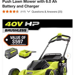 RYOBI 40V HP Brushless 20 in. Cordless Battery Walk Behind Push Lawn Mower with 6.0 Ah Battery and Charger