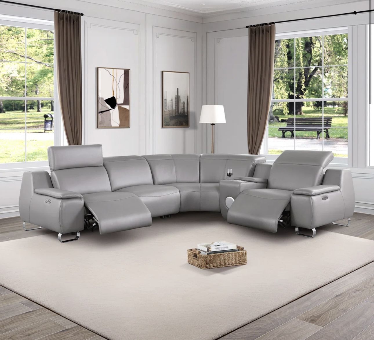 Genuine Top Grain Power Electric Gray Leather Reclining Sectional Couch 