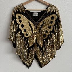 Vintage 70s Gold Black Silk Sequin Beaded Butterfly Boho Disco V Neck Drape Top