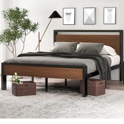 14 Inch King Size Metal Platform Bed Frame with Wooden Headboard and Footboard, Mattress Foundation, No Box Spring Needed, Large Under Bed Storage, Wa