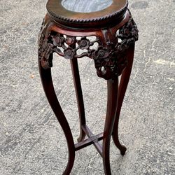 Asian Carved Wood Stand With Marble Top (Plant Stand)