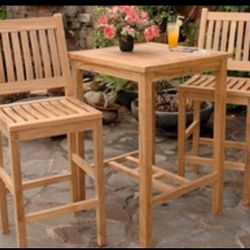 Brand New Solid Teak Outdoor Table And 2 Solid Teak Bar Chairs