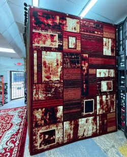 Large Abstract Area Rug Red and Gold