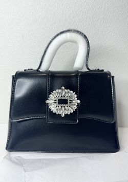 Badgley Mischka Black Top Handle Crystal Buckle Satchel NWT