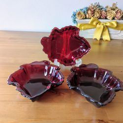 3 Ruby Red Glass Maple Leaf Bowls by Anchor Hocking 