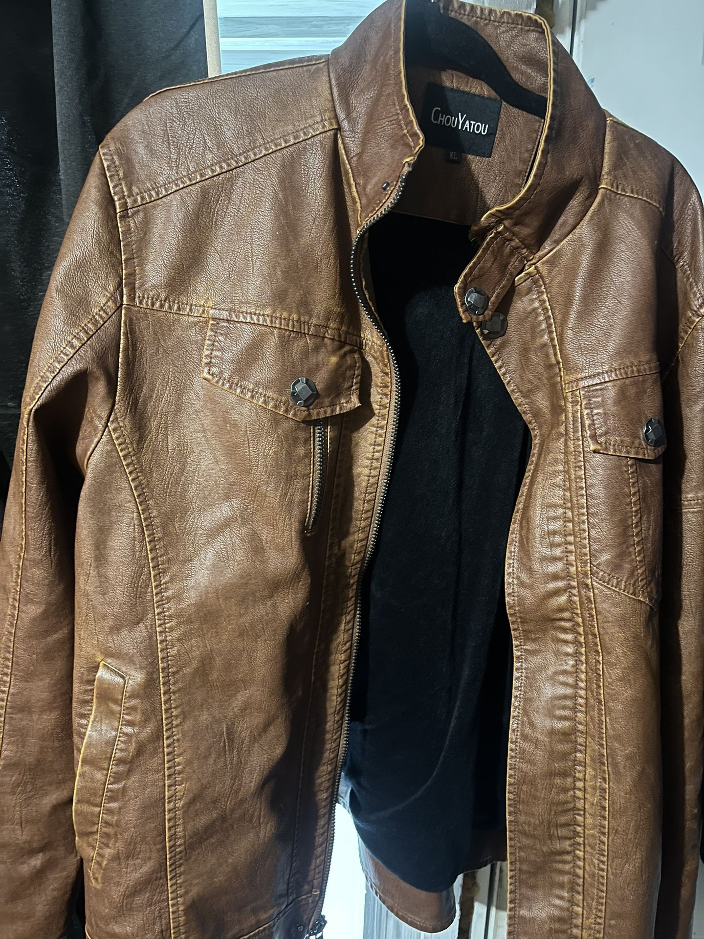 Chou Yatou Brown Faux Leather Lined Jacket Men's XL